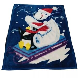 VTG LINEN CORP CHRISTMAS POLAR BEAR PENGUIN SLED PLUSH THROW BLANKET / HANGING